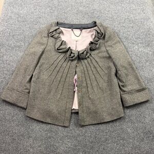 Rebecca Taylor Blazer Jacket Womens 2 Grey Wool Blend Ruffle Neck Tweed Academia